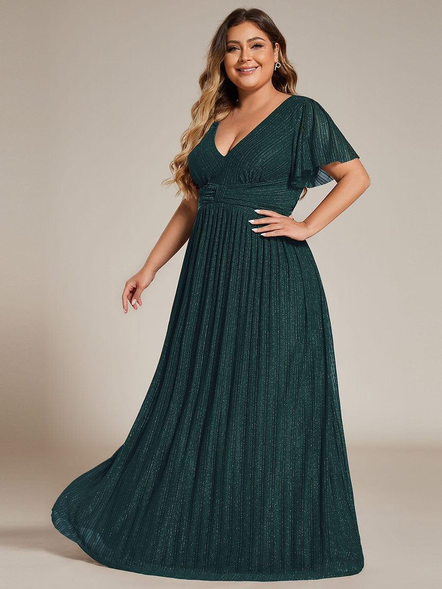 Glamorous Plus Size V-Neck A-Line Formal Evening Dress with Short Sleeves
