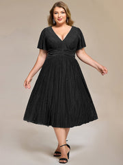 Delicate V-Neck A-Line Plus size Formal Evening Dress Tea-Length
