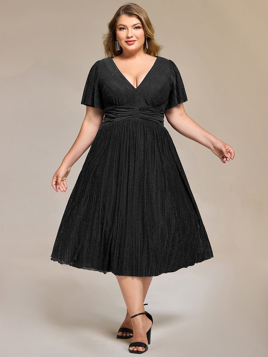 Delicate V-Neck A-Line Plus size Formal Evening Dress Tea-Length