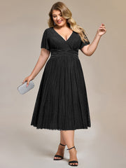 Delicate V-Neck A-Line Plus size Formal Evening Dress Tea-Length
