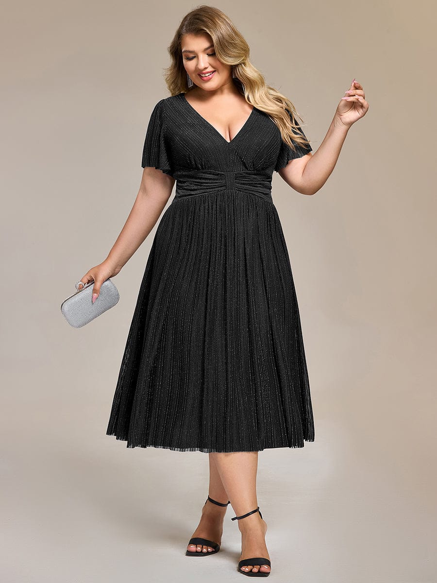 Delicate V-Neck A-Line Plus size Formal Evening Dress Tea-Length