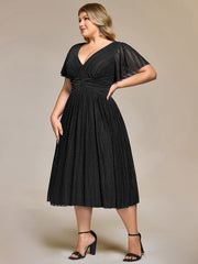 Delicate V-Neck A-Line Plus size Formal Evening Dress Tea-Length