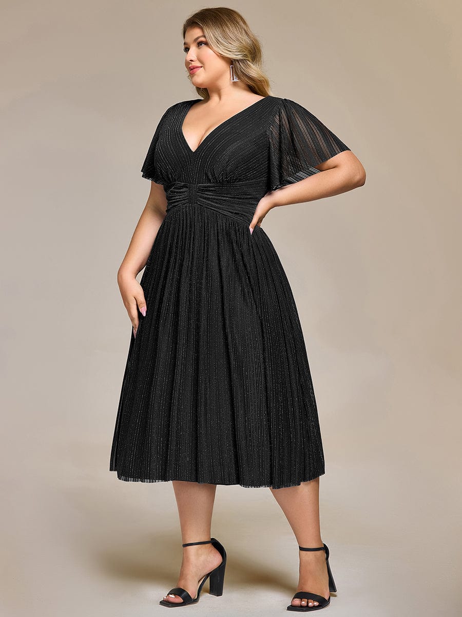 Delicate V-Neck A-Line Plus size Formal Evening Dress Tea-Length