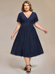 Delicate V-Neck A-Line Plus size Formal Evening Dress Tea-Length