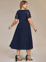 Delicate V-Neck A-Line Plus size Formal Evening Dress Tea-Length