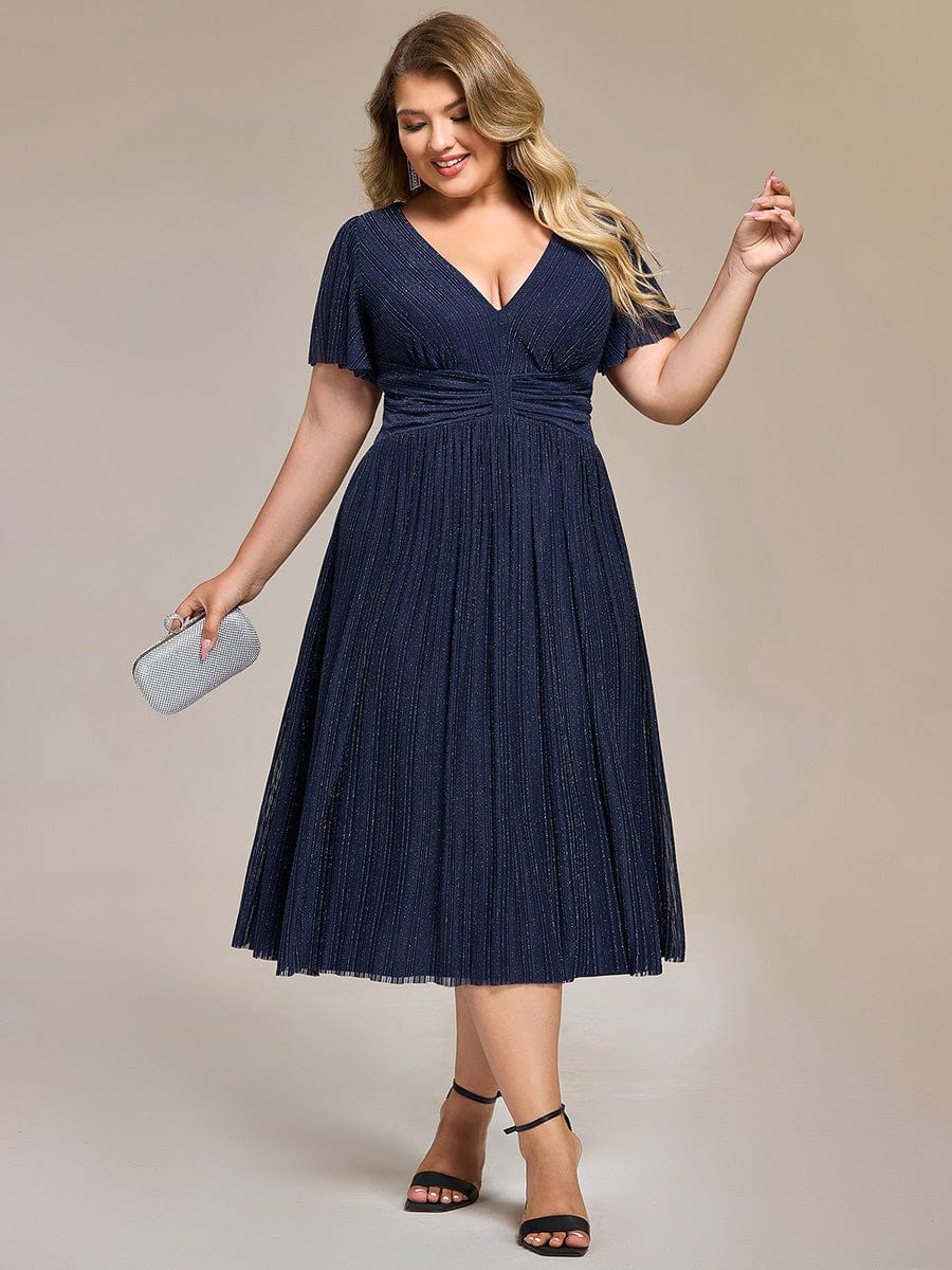 Delicate V-Neck A-Line Plus size Formal Evening Dress Tea-Length