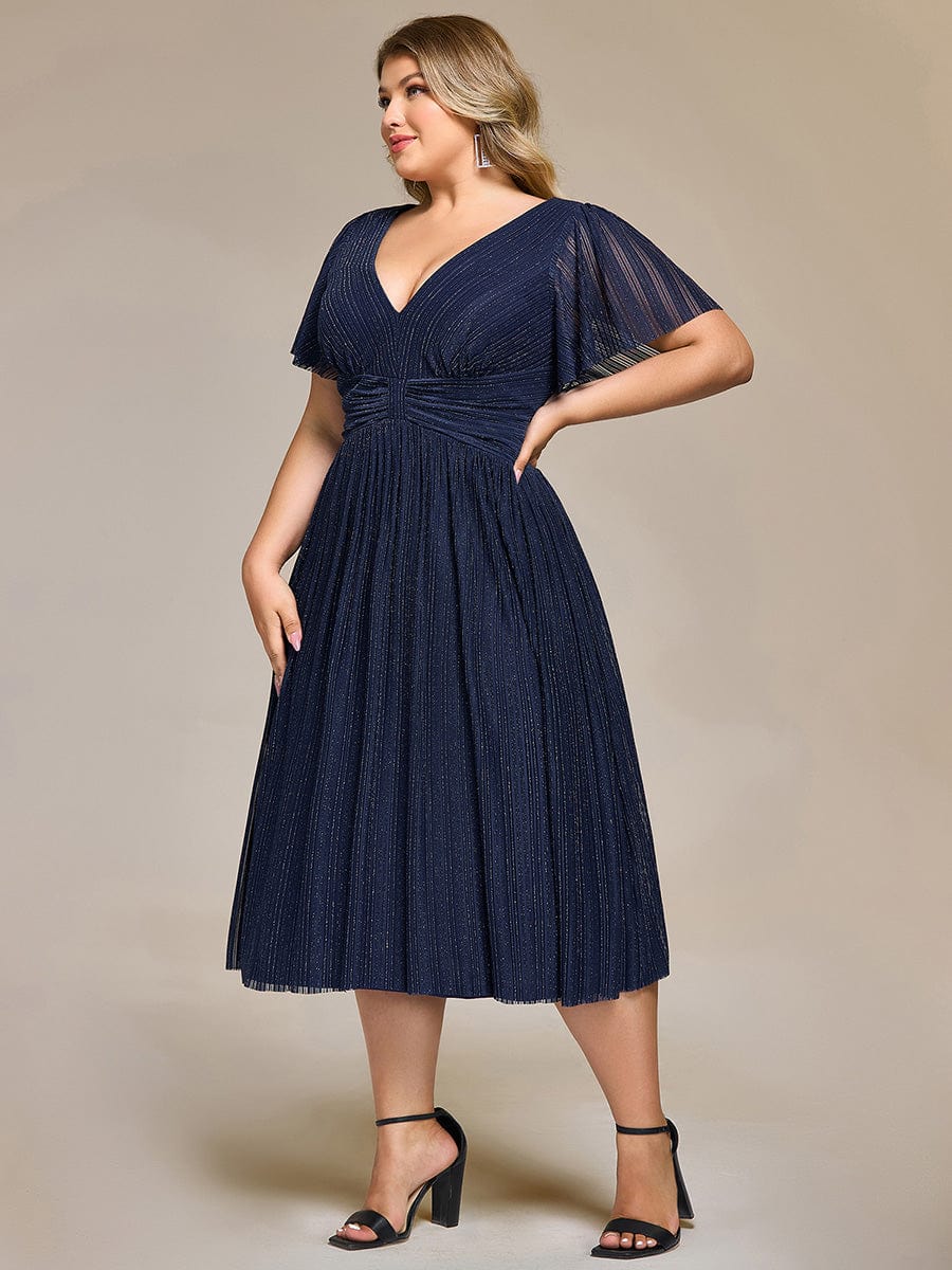 Delicate V-Neck A-Line Plus size Formal Evening Dress Tea-Length