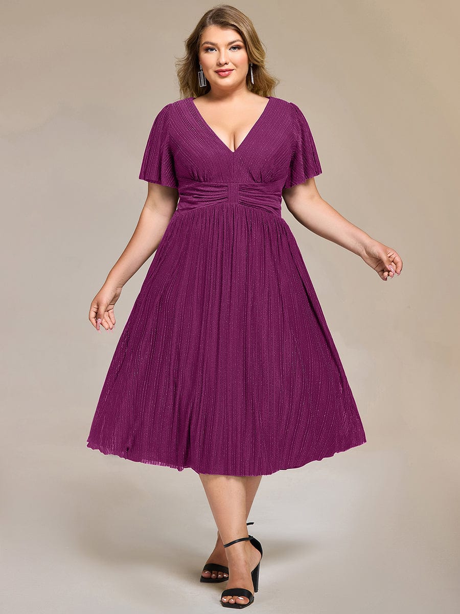 Delicate V-Neck A-Line Plus size Formal Evening Dress Tea-Length