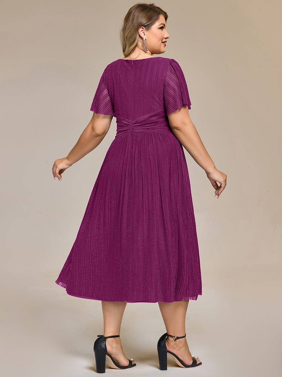 Delicate V-Neck A-Line Plus size Formal Evening Dress Tea-Length