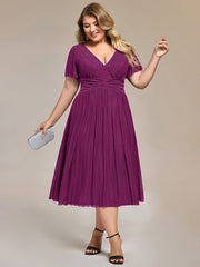 Delicate V-Neck A-Line Plus size Formal Evening Dress Tea-Length