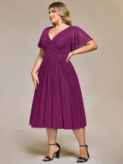 Delicate V-Neck A-Line Plus size Formal Evening Dress Tea-Length
