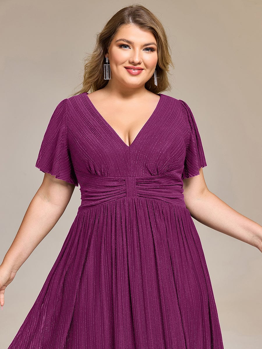 Delicate V-Neck A-Line Plus size Formal Evening Dress Tea-Length