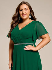 Flattering Plus Size V-Neck A-Line Chiffon Formal Evening Dress with Belt
