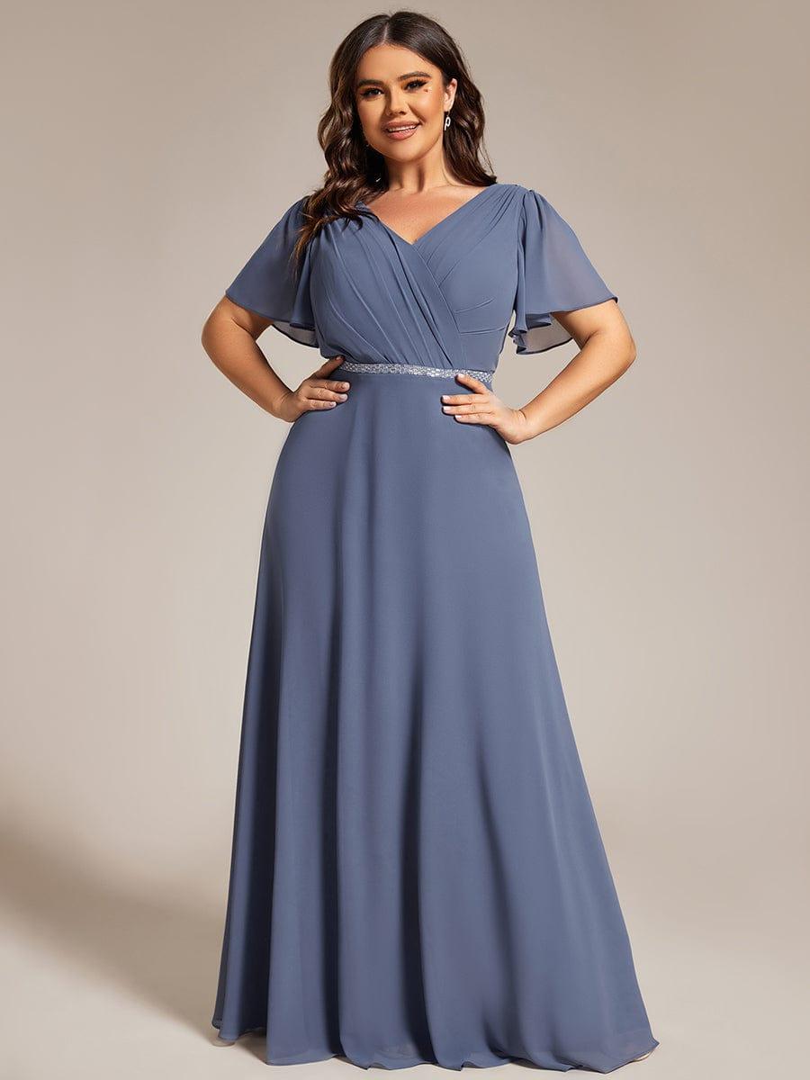 Flattering Plus Size V-Neck A-Line Chiffon Formal Evening Dress with Belt