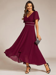Romantic V-Neck A-Line Chiffon Formal Evening Dress with Sleeves
