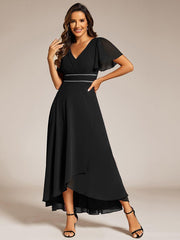 Romantic V-Neck A-Line Chiffon Formal Evening Dress with Sleeves