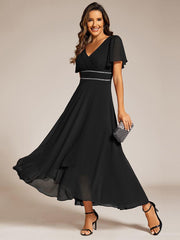 Romantic V-Neck A-Line Chiffon Formal Evening Dress with Sleeves
