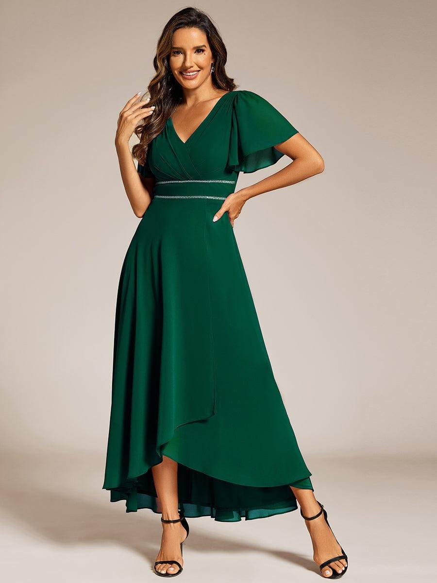 Romantic V-Neck A-Line Chiffon Formal Evening Dress with Sleeves