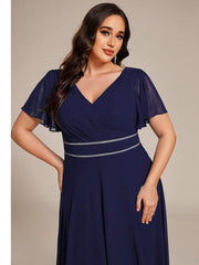 Romantic V-Neck A-Line Chiffon Formal Evening Dress with Sleeves