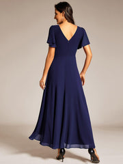 Romantic V-Neck A-Line Chiffon Formal Evening Dress with Sleeves