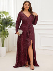 Elegant Plus Size Sequin V-Neck Evening Dress with Long Sleeves