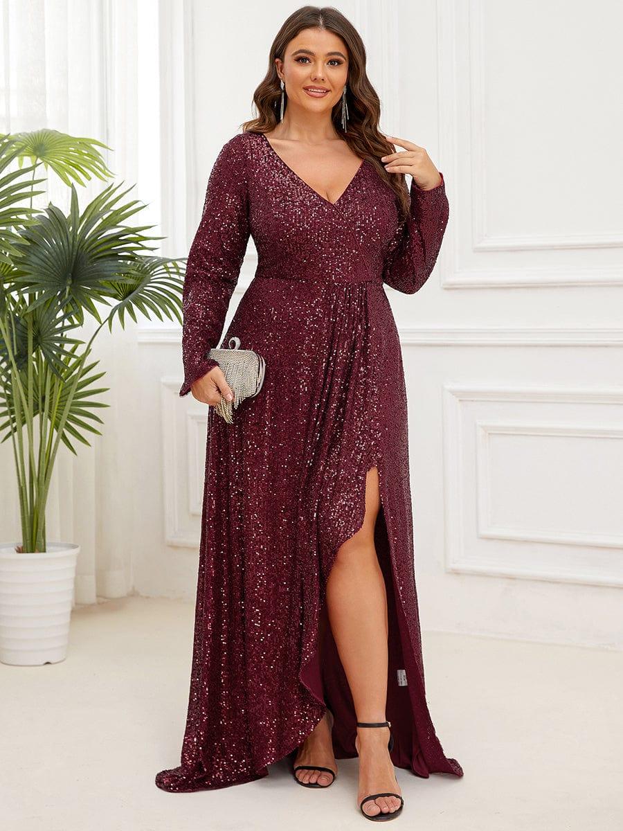 Elegant Plus Size Sequin V-Neck Evening Dress with Long Sleeves