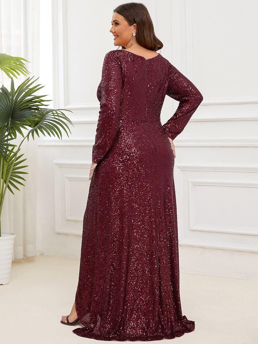 Elegant Plus Size Sequin V-Neck Evening Dress with Long Sleeves