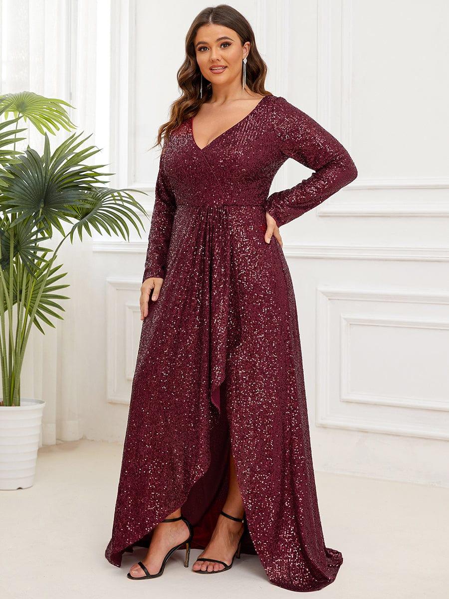 Elegant Plus Size Sequin V-Neck Evening Dress with Long Sleeves