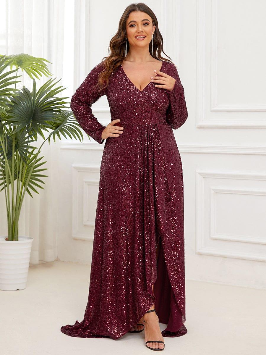 Elegant Plus Size Sequin V-Neck Evening Dress with Long Sleeves