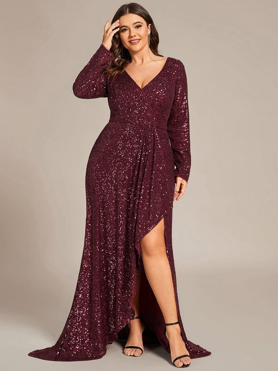 Enchanting Sequin Long Sleeves V-Neck Evening Dress with Slit