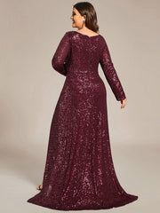 Enchanting Sequin Long Sleeves V-Neck Evening Dress with Slit