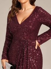 Enchanting Sequin Long Sleeves V-Neck Evening Dress with Slit