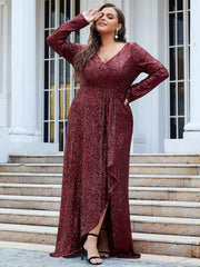 Elegant Plus Size Sequin V-Neck Evening Dress with Long Sleeves