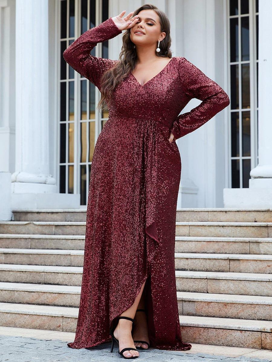 Elegant Plus Size Sequin V-Neck Evening Dress with Long Sleeves