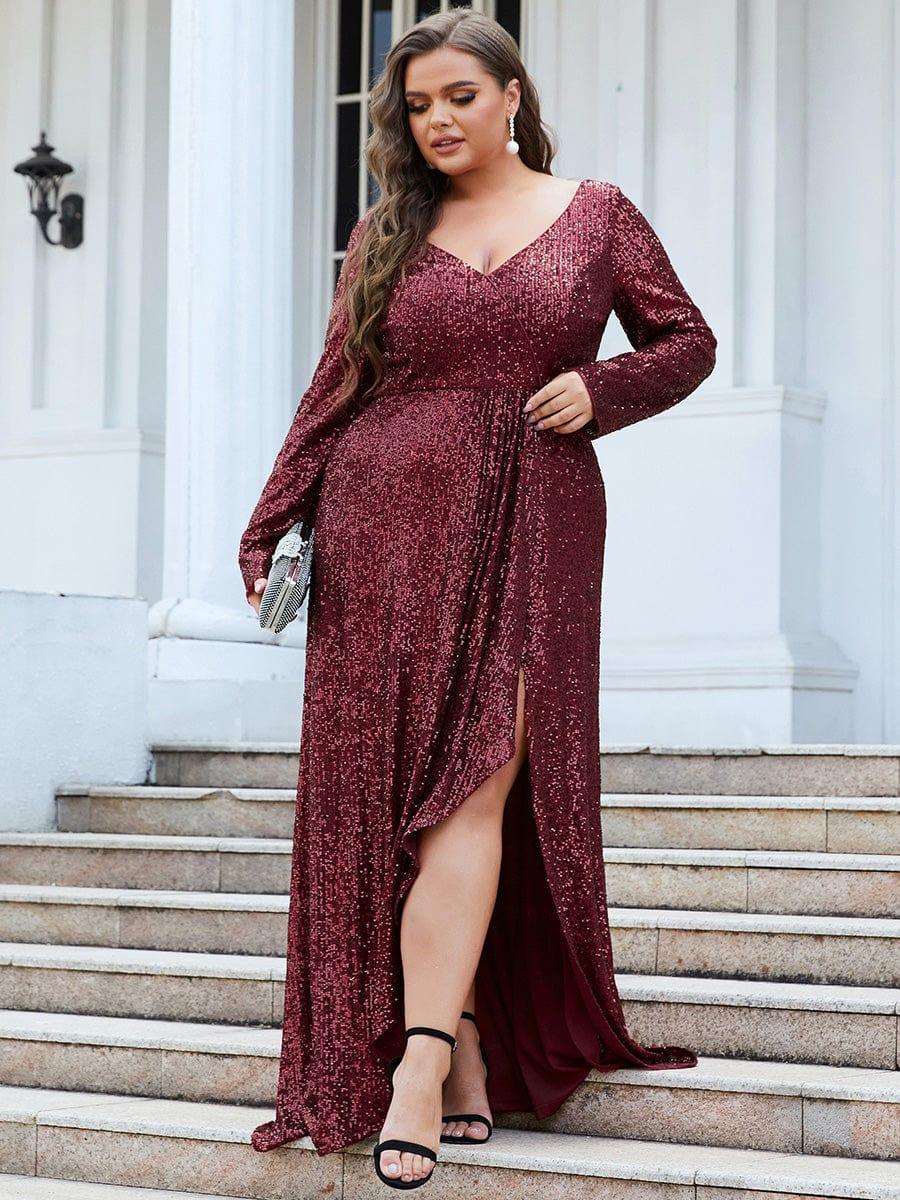 Elegant Plus Size Sequin V-Neck Evening Dress with Long Sleeves