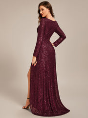 Enchanting Sequin Long Sleeves V-Neck Evening Dress with Slit