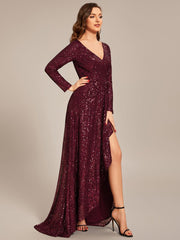 Enchanting Sequin Long Sleeves V-Neck Evening Dress with Slit