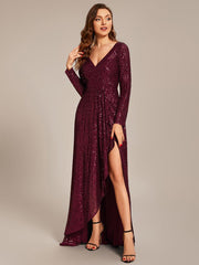 Enchanting Sequin Long Sleeves V-Neck Evening Dress with Slit