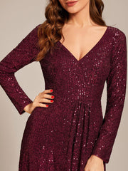 Enchanting Sequin Long Sleeves V-Neck Evening Dress with Slit