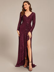 Enchanting Sequin Long Sleeves V-Neck Evening Dress with Slit
