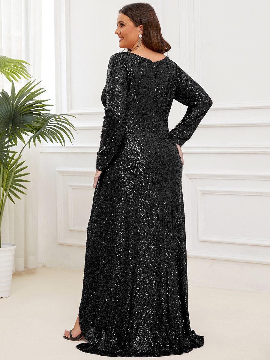 Elegant Plus Size Sequin V-Neck Evening Dress with Long Sleeves