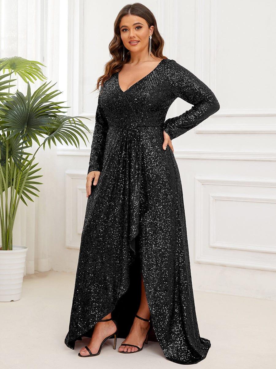 Elegant Plus Size Sequin V-Neck Evening Dress with Long Sleeves