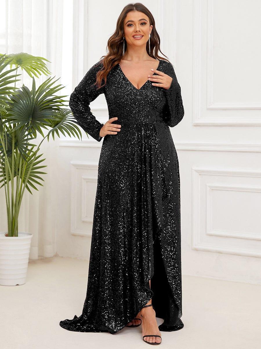 Elegant Plus Size Sequin V-Neck Evening Dress with Long Sleeves