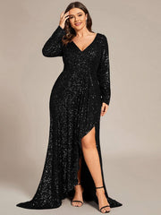 Enchanting Sequin Long Sleeves V-Neck Evening Dress with Slit