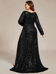 Enchanting Sequin Long Sleeves V-Neck Evening Dress with Slit
