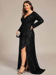 Enchanting Sequin Long Sleeves V-Neck Evening Dress with Slit
