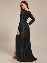 Enchanting Sequin Long Sleeves V-Neck Evening Dress with Slit