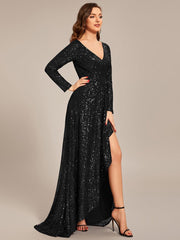 Enchanting Sequin Long Sleeves V-Neck Evening Dress with Slit