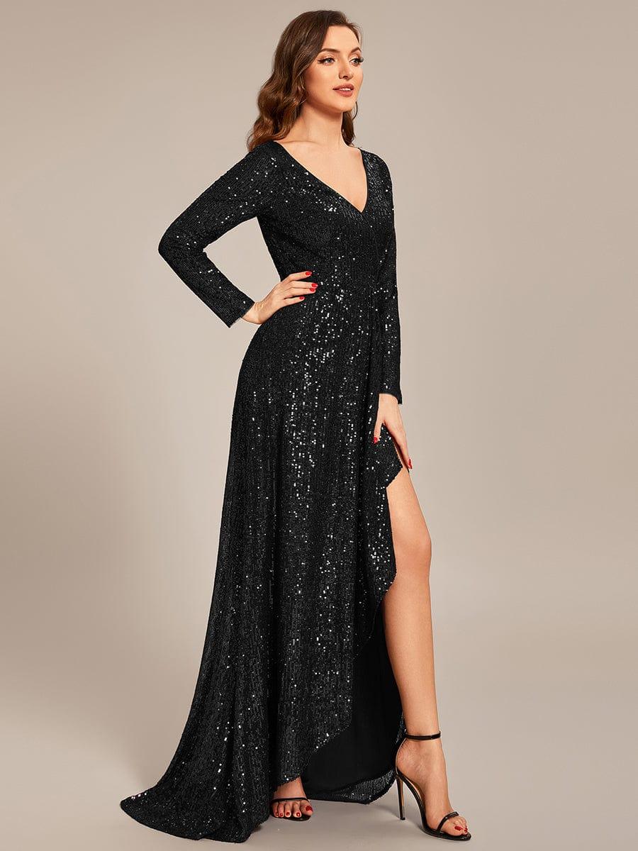 Enchanting Sequin Long Sleeves V-Neck Evening Dress with Slit