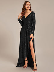 Enchanting Sequin Long Sleeves V-Neck Evening Dress with Slit